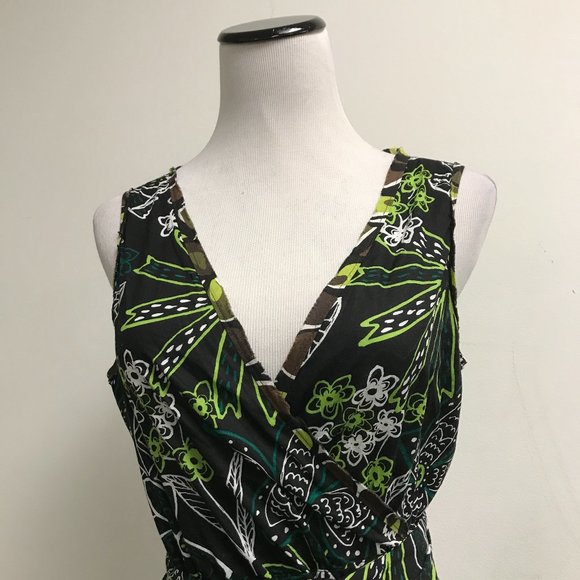 Margaret Oleary black white green floral print wrap around dress sleeveless L - Picture 2 of 6